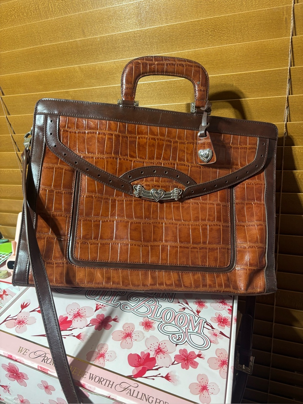 vintage Brighton brown crocodile-embossed leather attaché briefcase